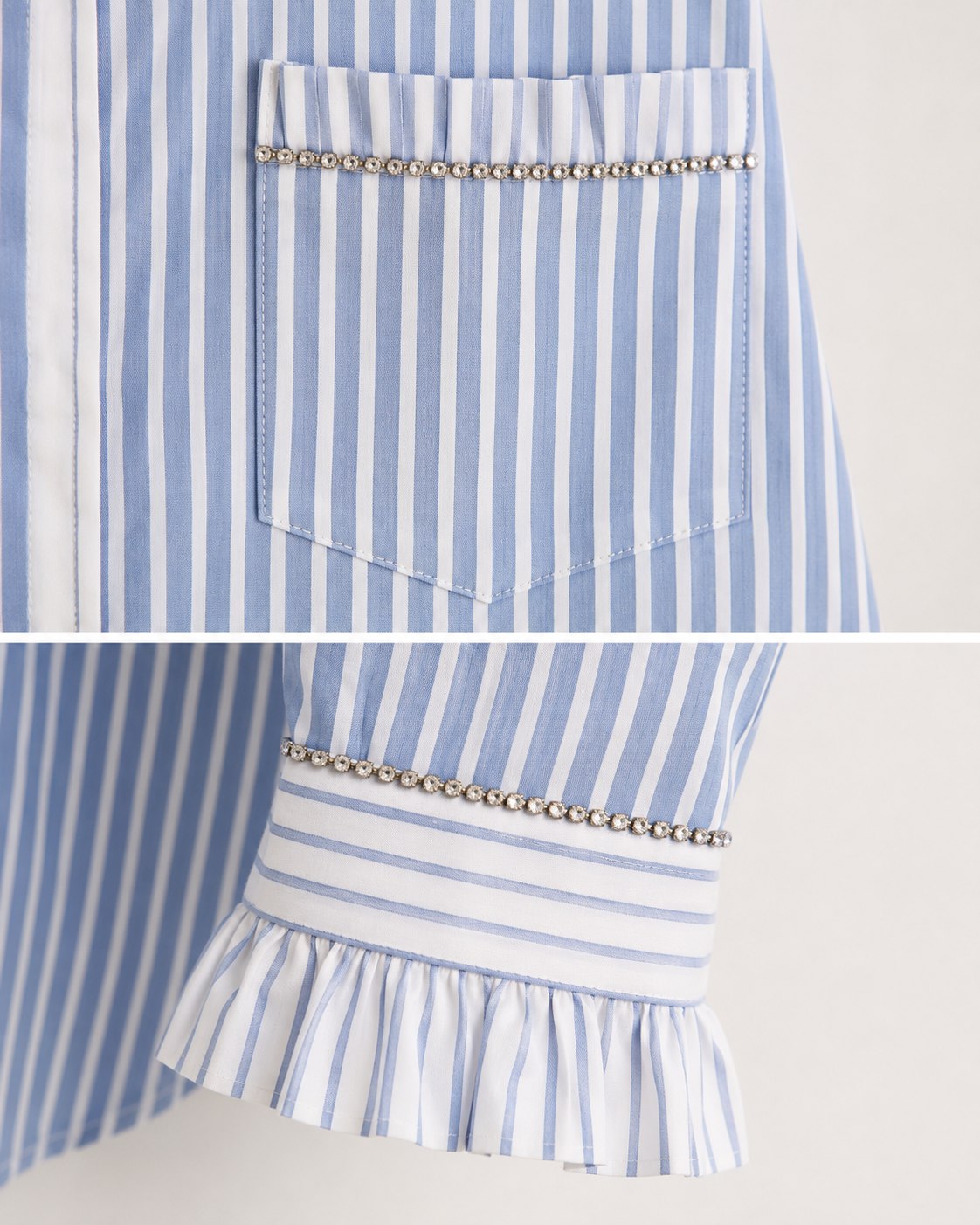Crystal chain and ruffle detail on the Aqua shirt's pocket and cuff
