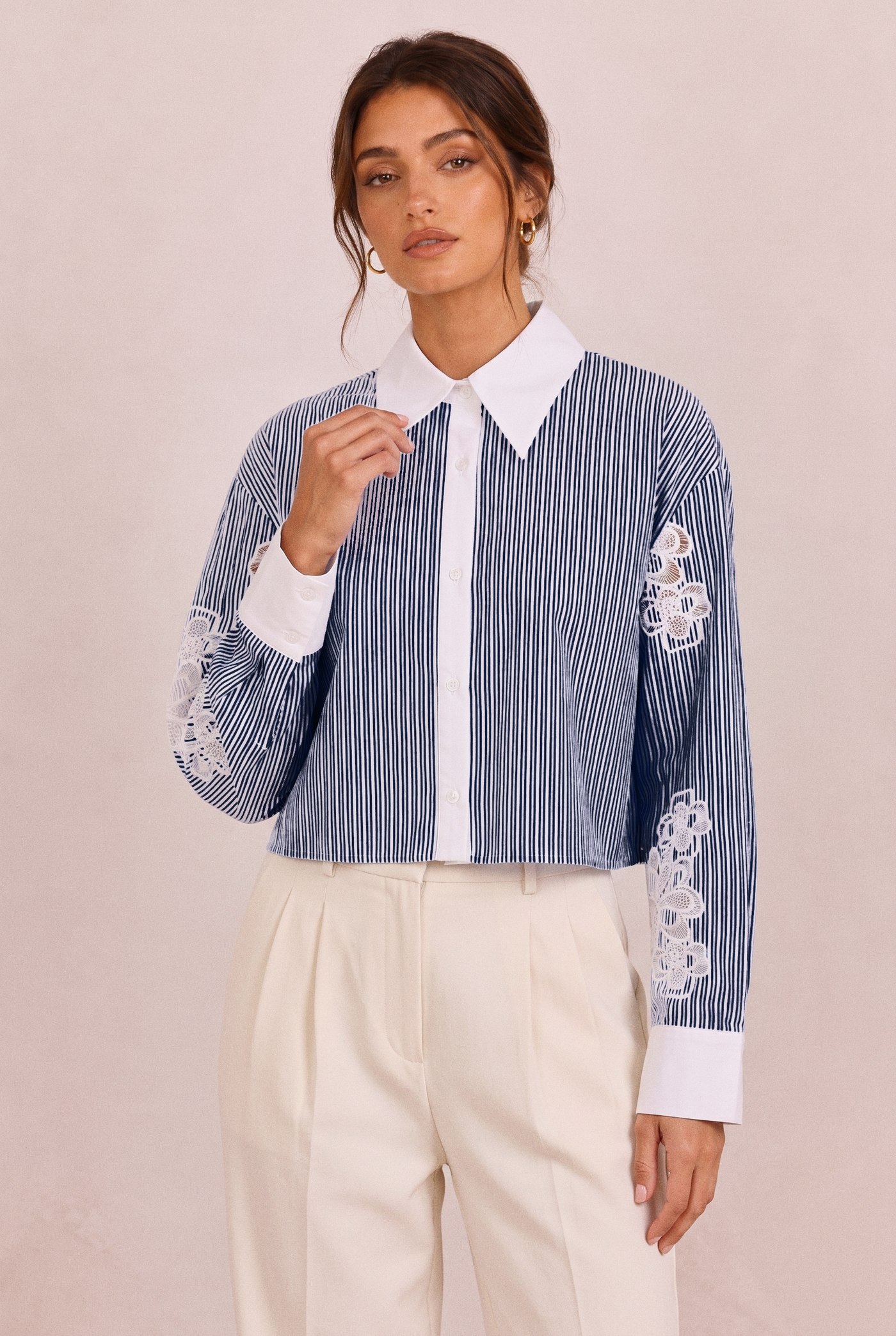 Lace Medallion Cropped Shirt in Navy, front