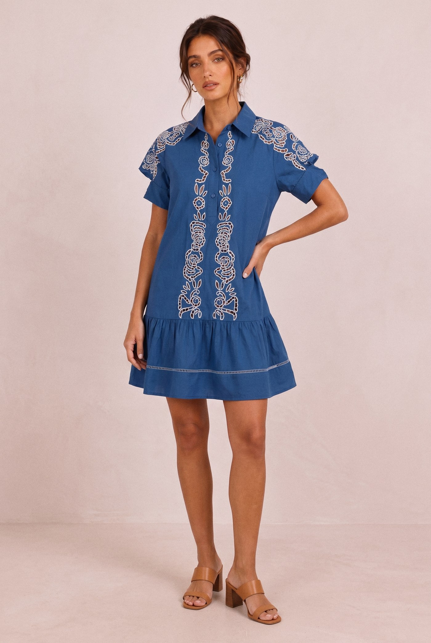 Gia Cutwork Shirt Dress in Navy/White, front