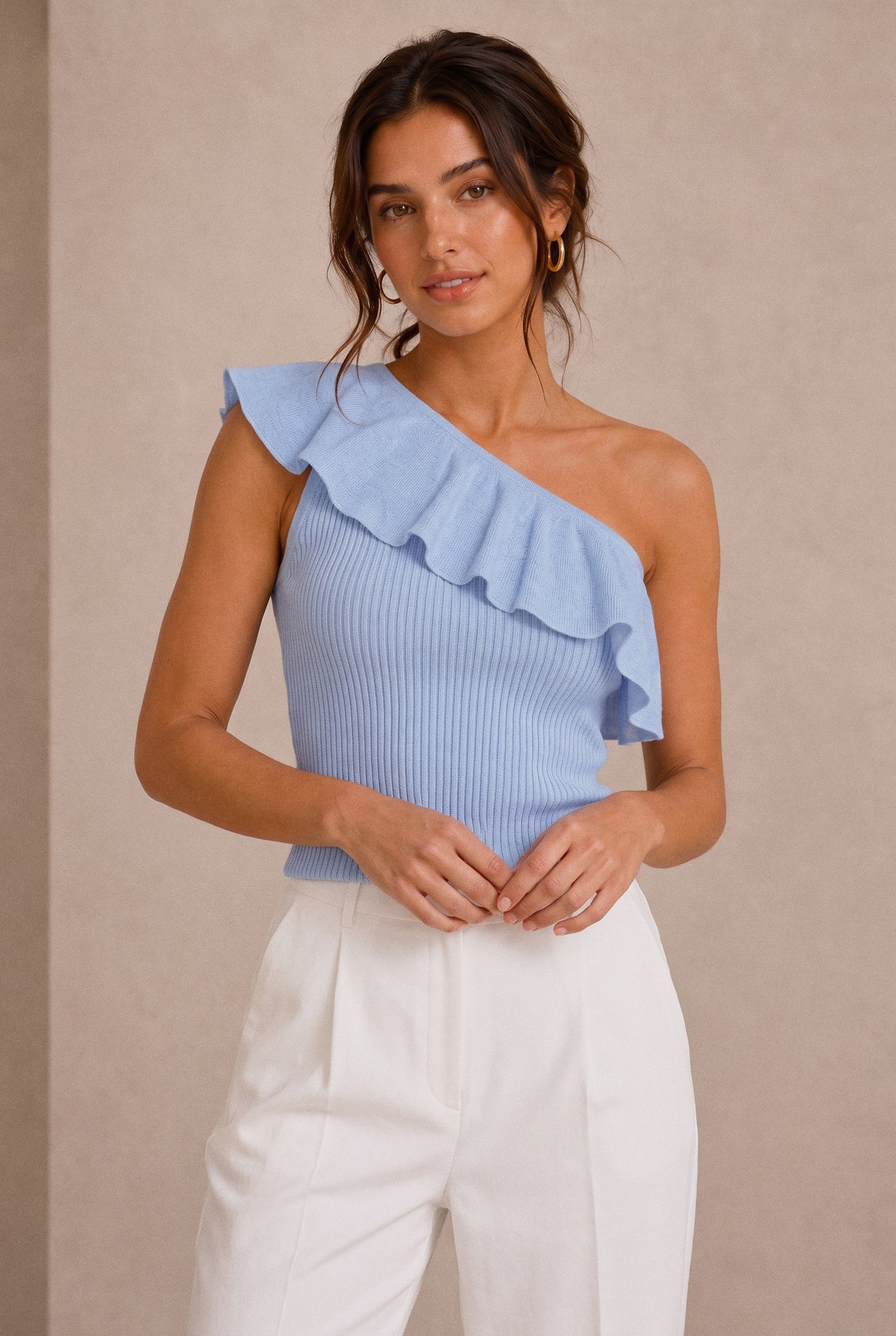 One-Shoulder Ruffle Knit Top in Blue, front
