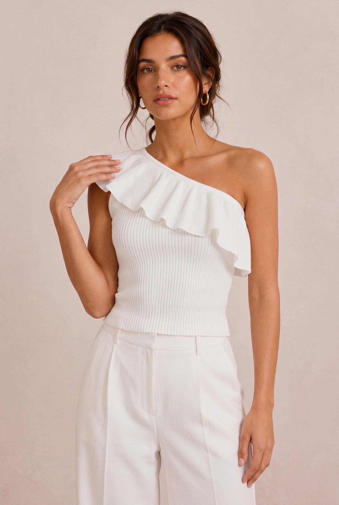 One-shoulder ruffle knit top in white