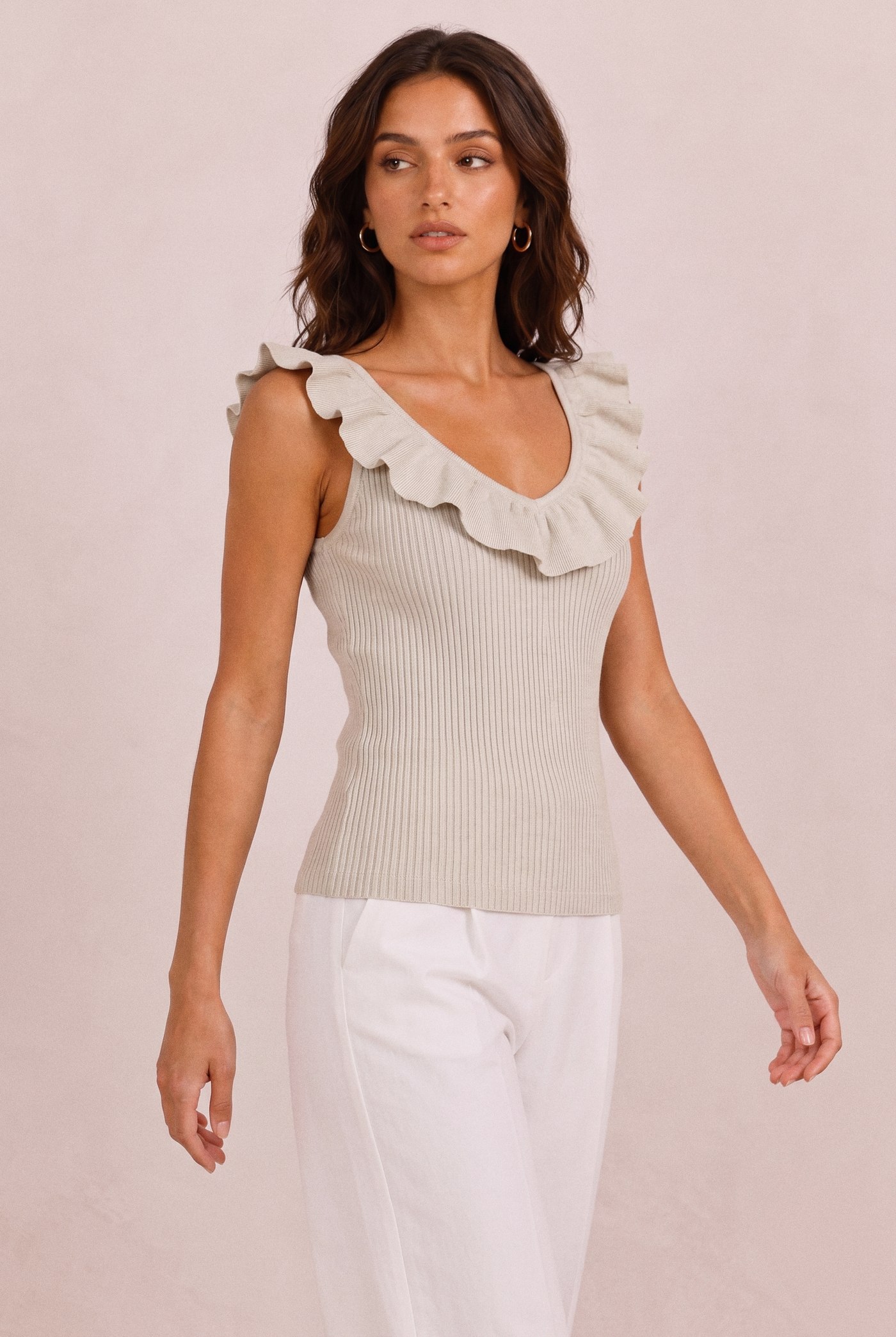 Ruffle V-Neck Knit Tank in Beige, front