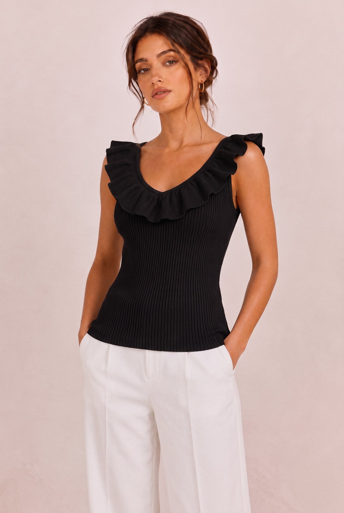 Ruffle V-Neck Knit Tank in Black, front