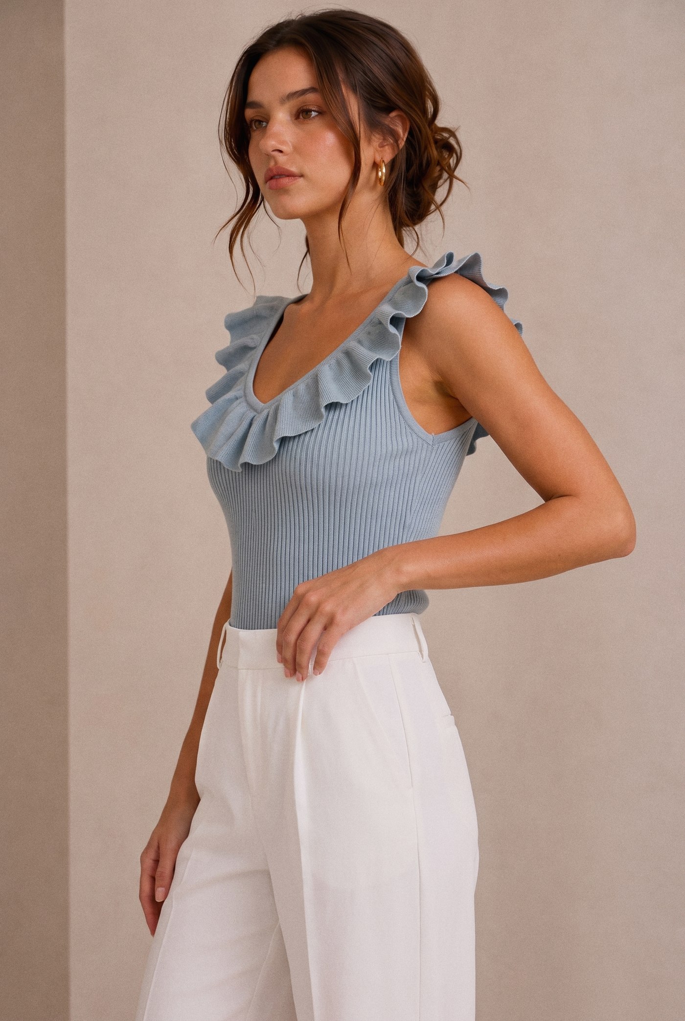 Ruffle V-Neck Knit Tank in Blue, front