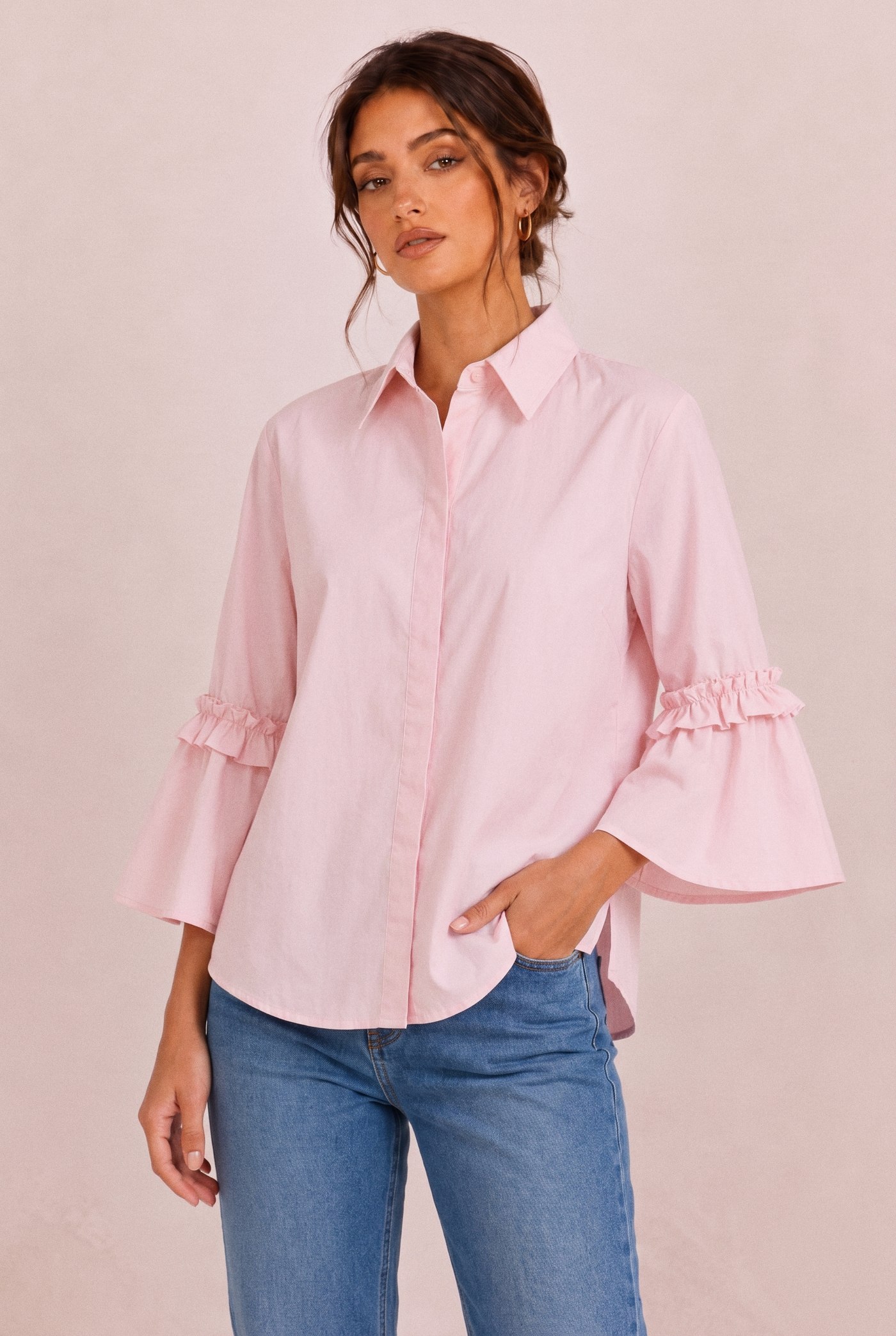 Laura Bell-Sleeve Shirt in Pink, front