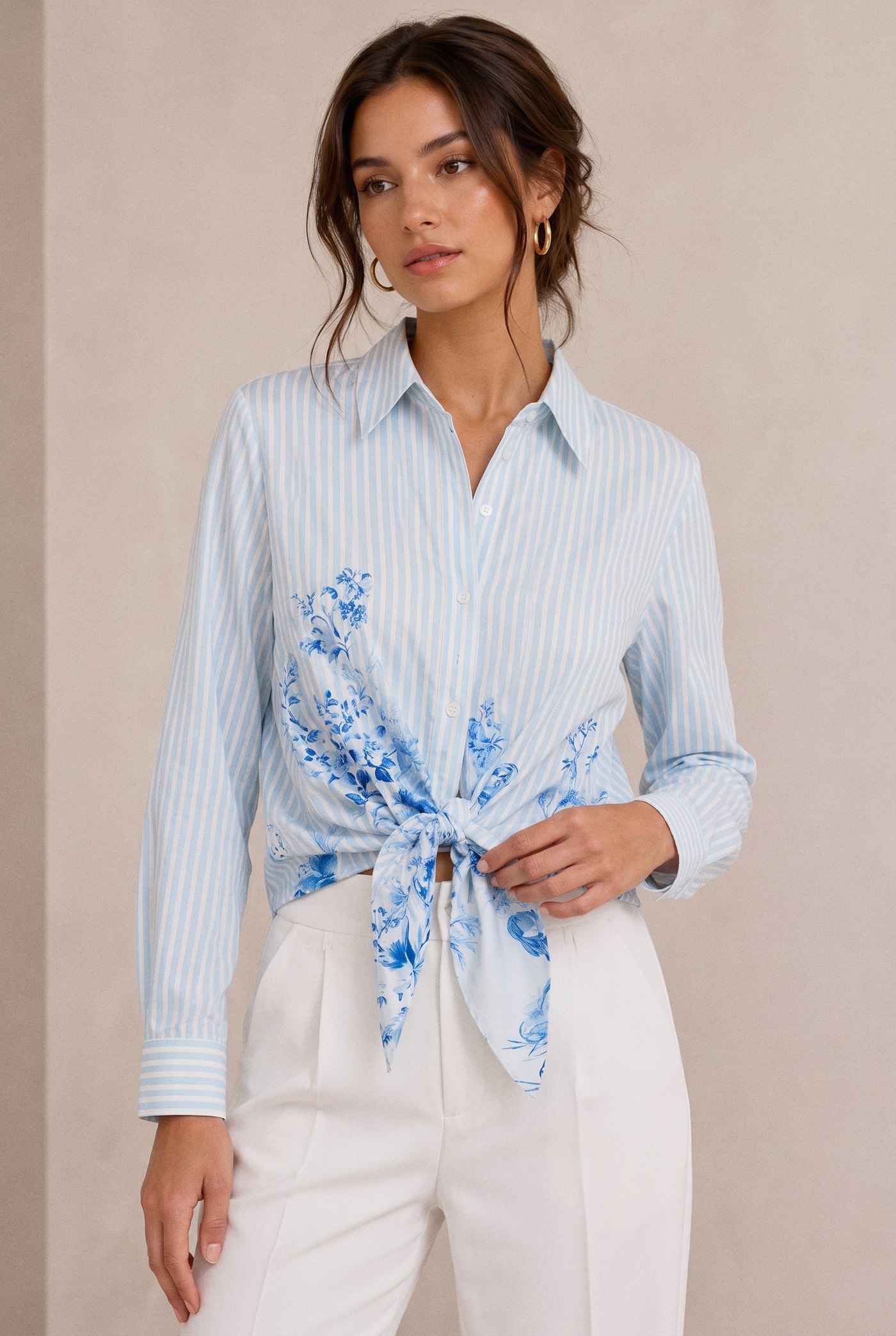 Porcelain Print Tie-Front Shirt in Blue, front