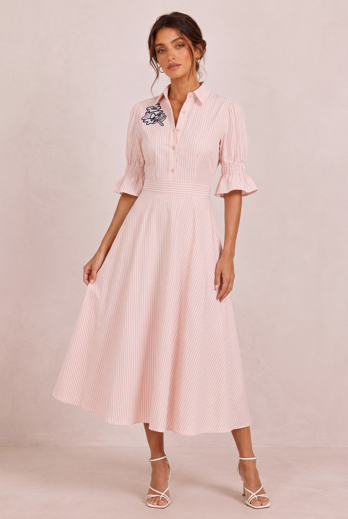 Embroidered stripe midi dress in pink