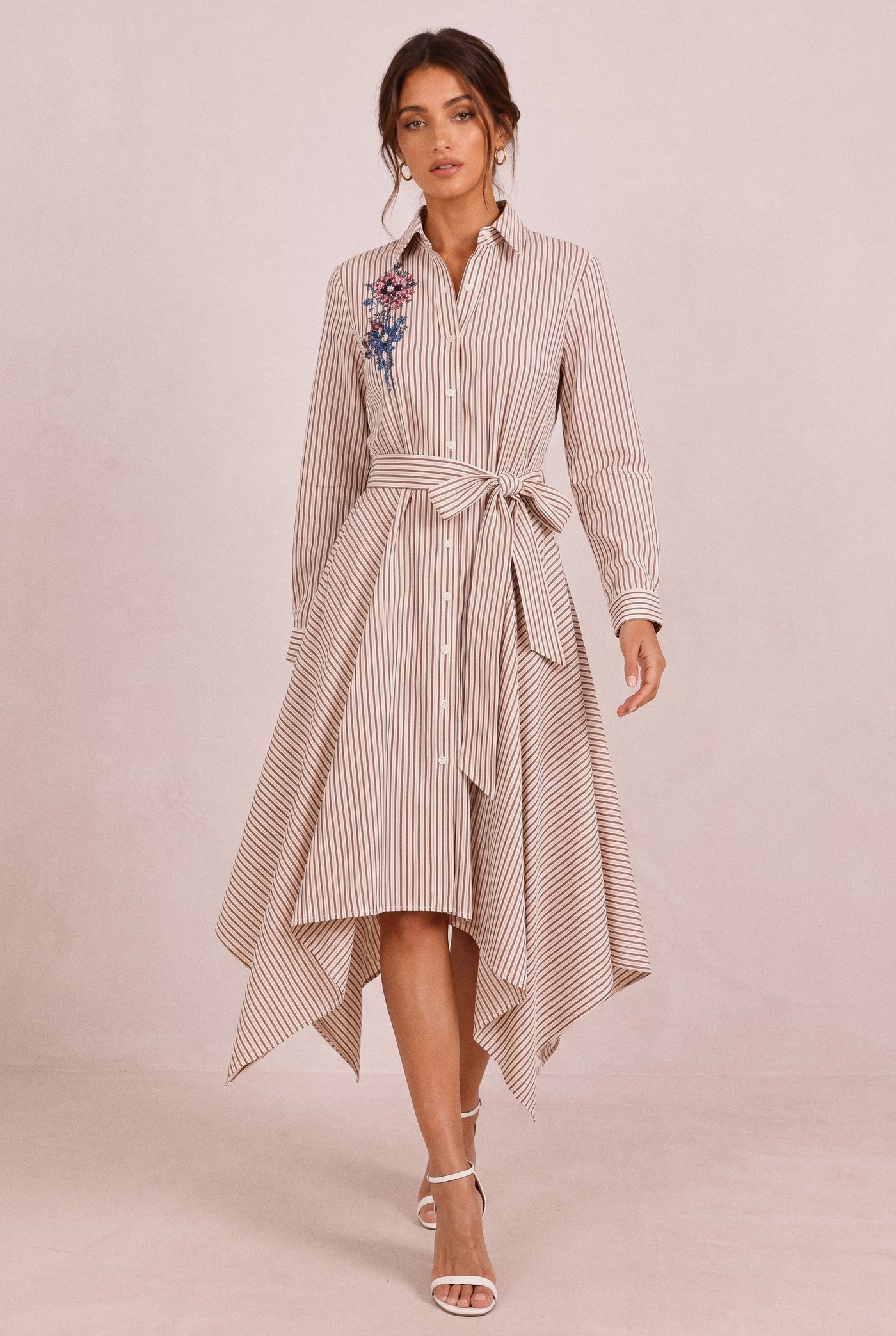 Beaded Handkerchief-Hem Shirt Dress, front