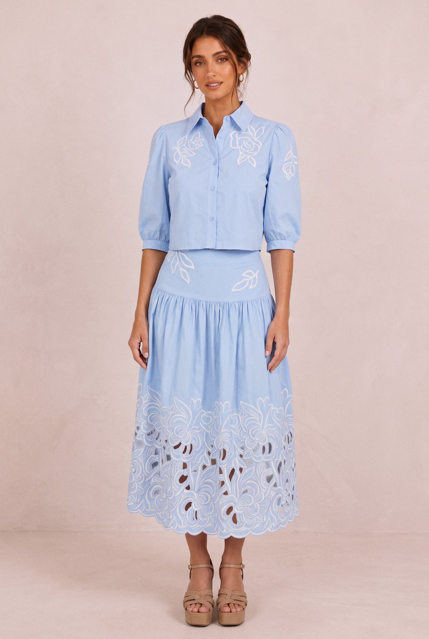 Lilo Embroidered Set in Light Blue, front