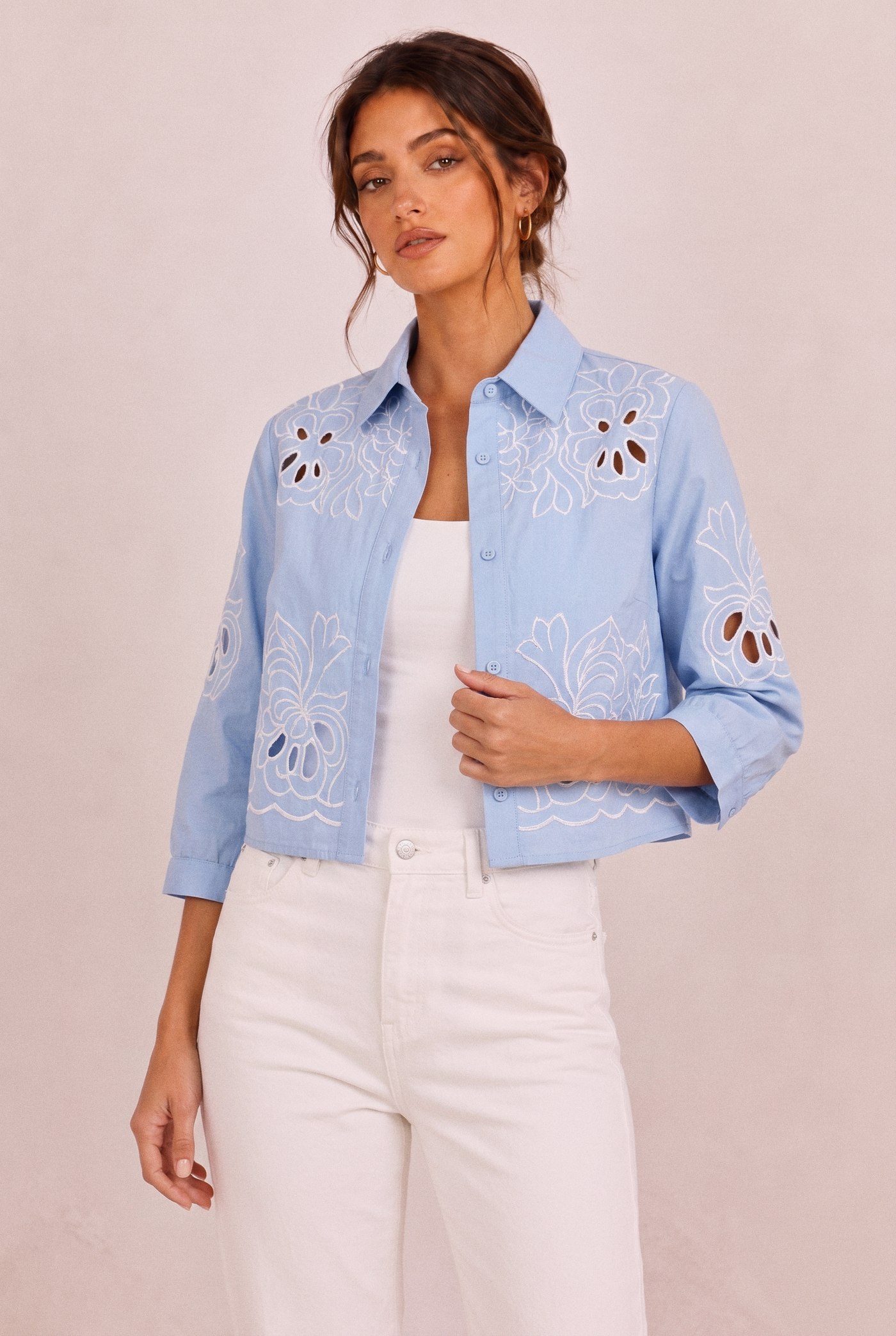 Morea Embroidered Shirt Jacket in Blue/White, front