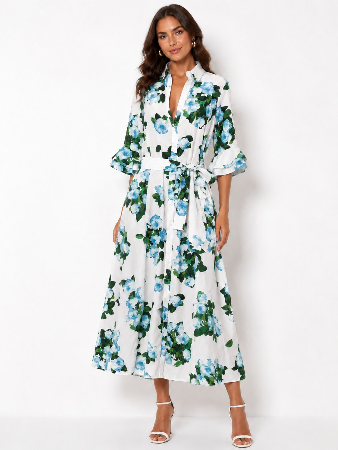 Retro Rose Ruffle-Sleeve Dress in Floral, front