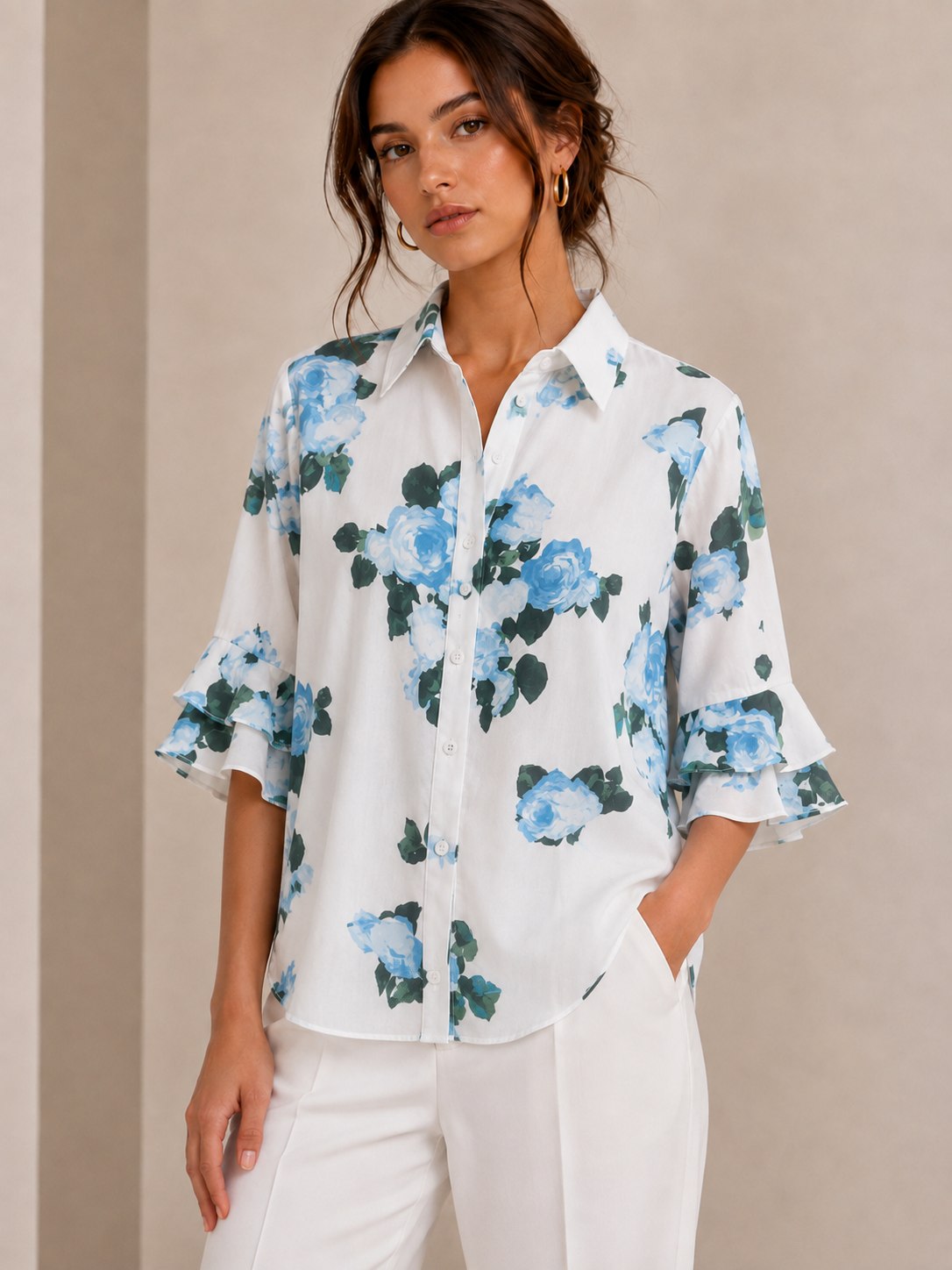 Retro Rose Ruffle-Sleeve Shirt in Blue, front