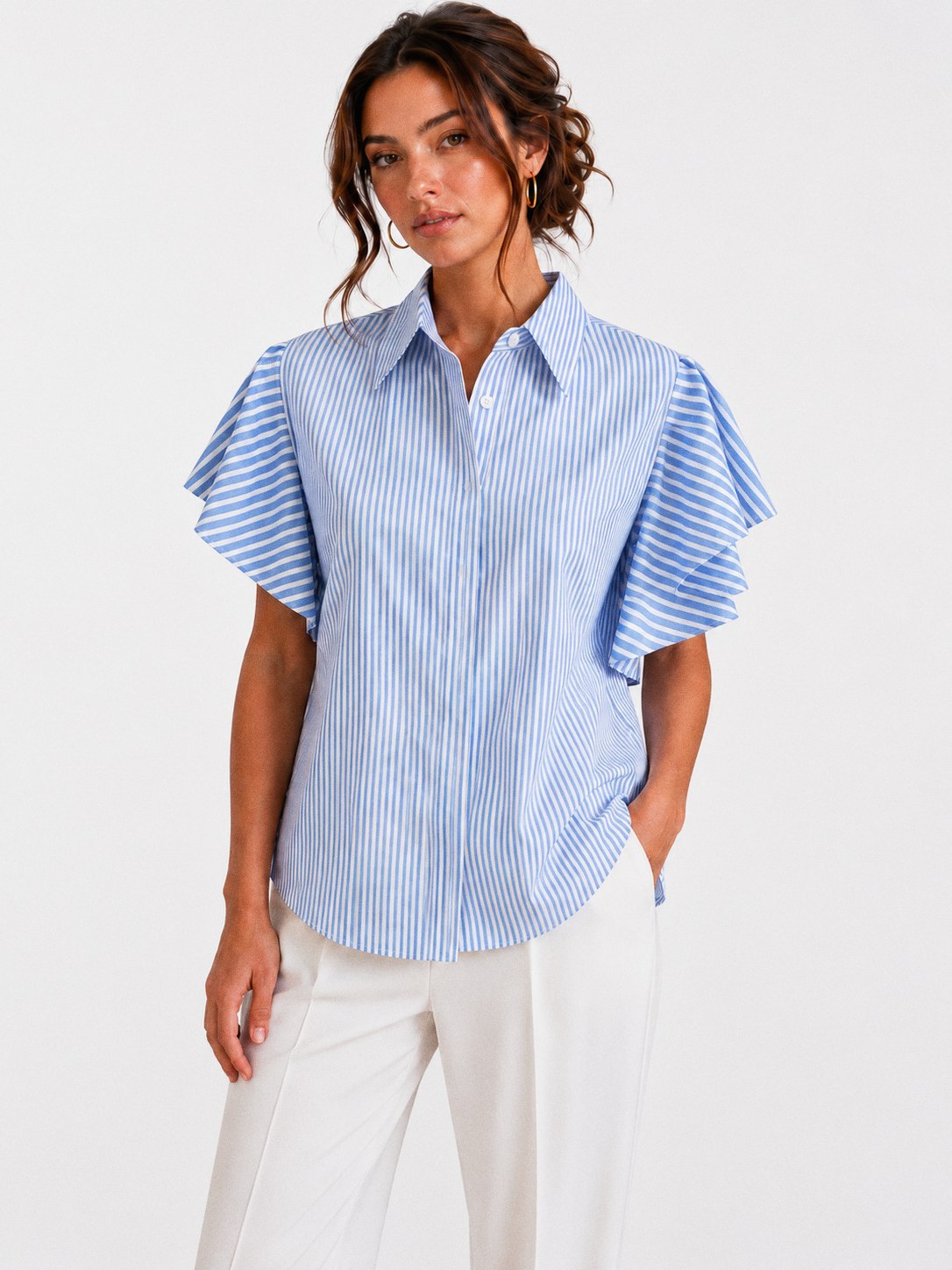 Valentina Flutter-Sleeve Shirt in Blue, front