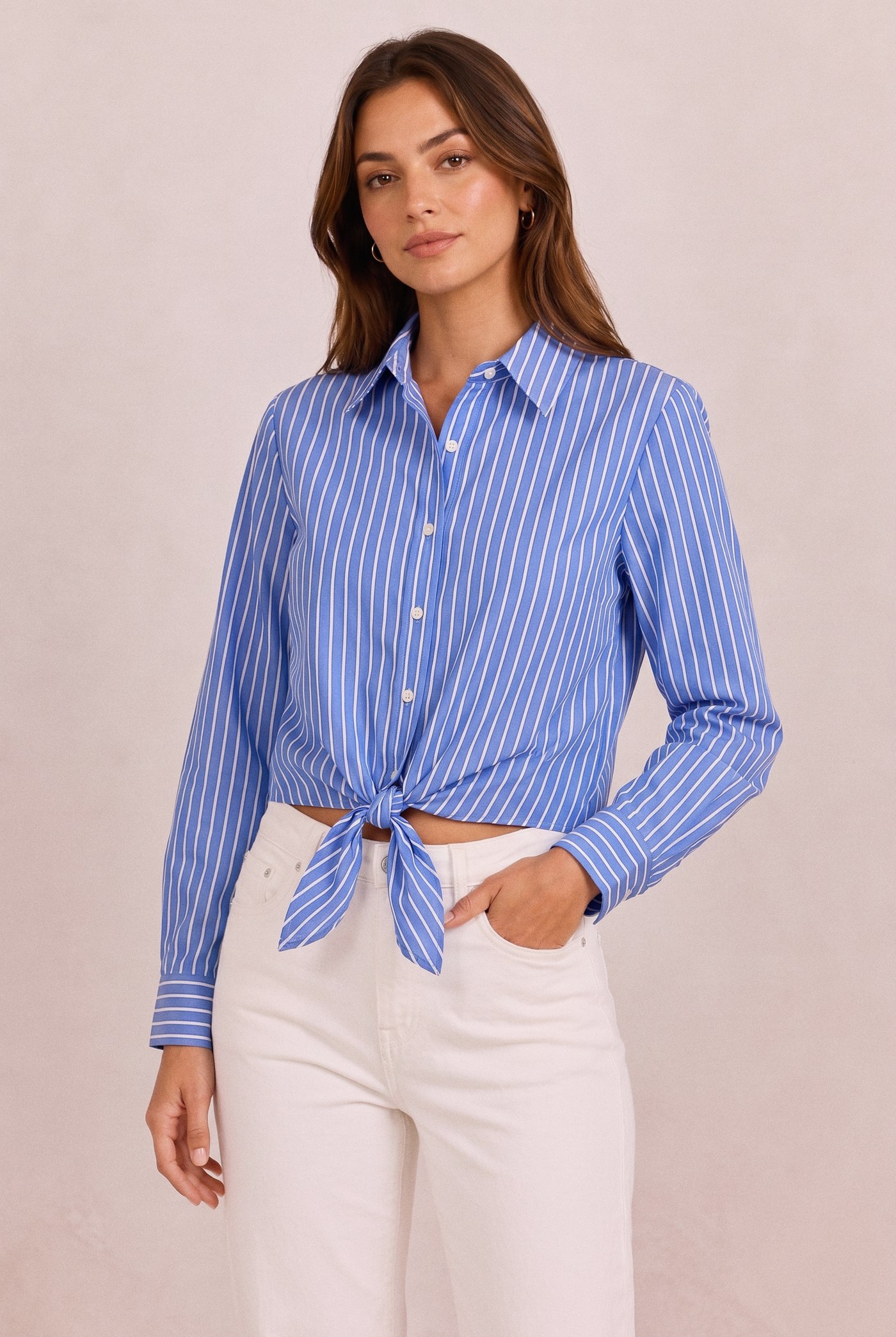 Crossover-Back Tie Shirt in Blue, front