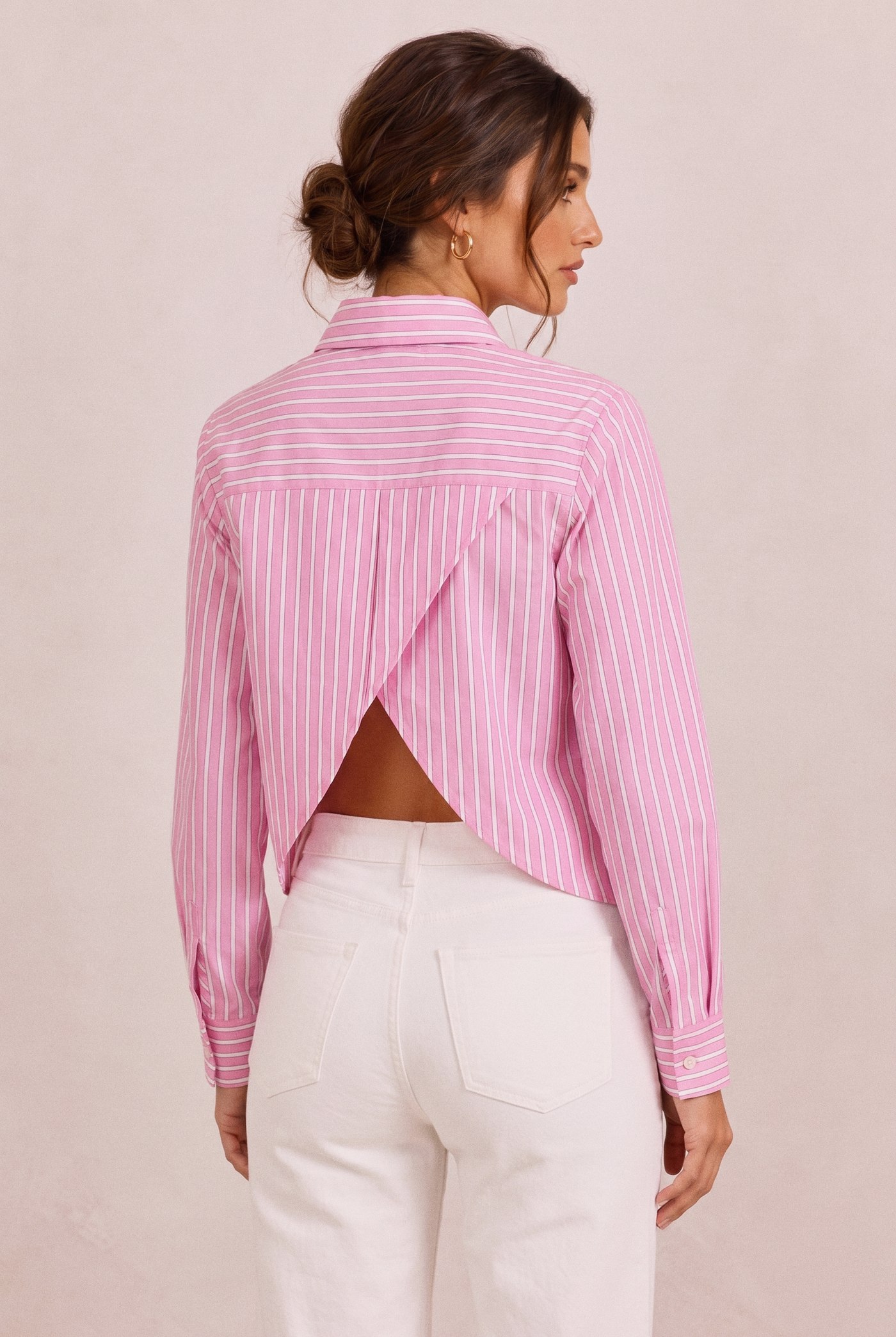 Crossover-Back Tie Shirt in Pink, back view