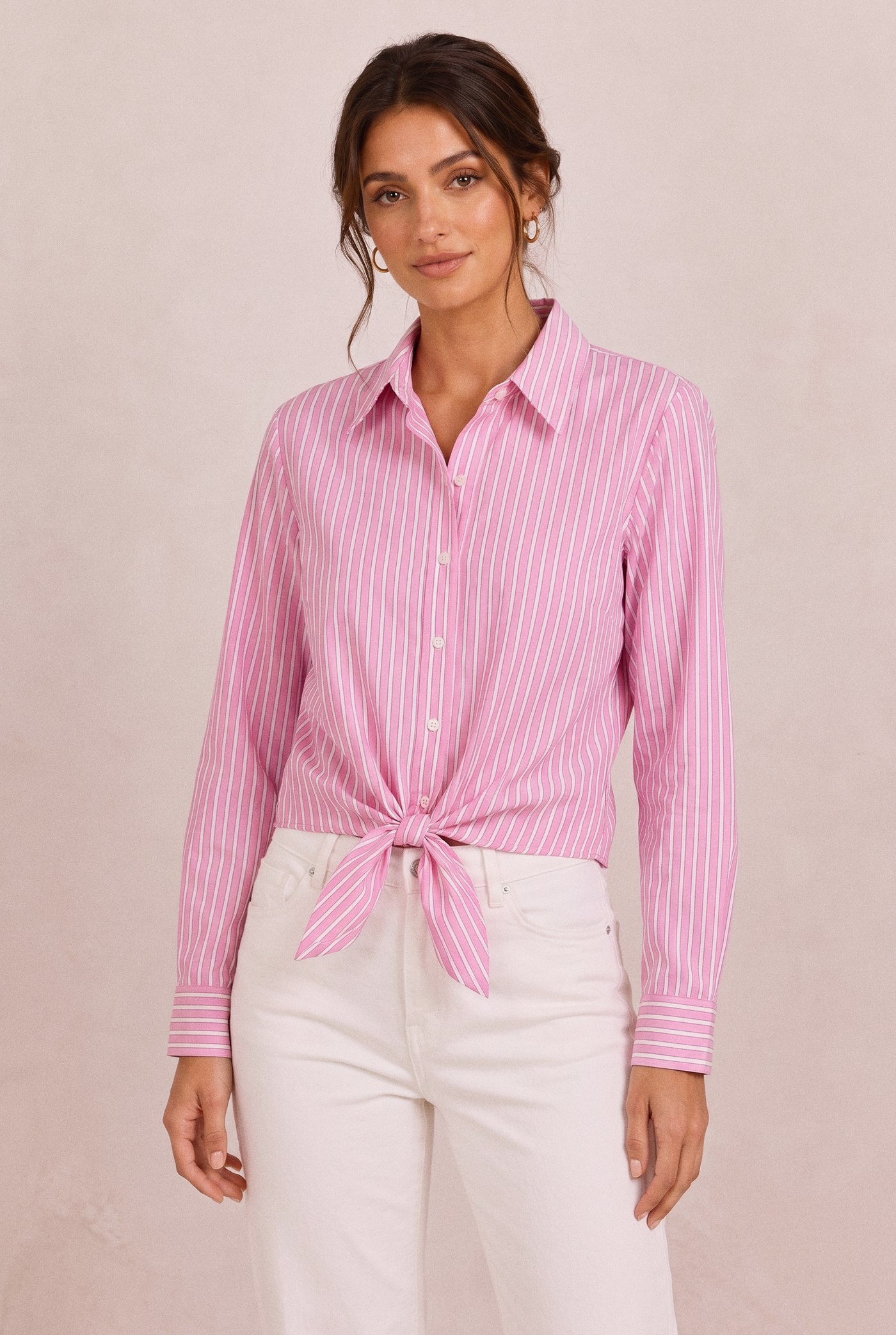 Crossover-Back Tie Shirt in Pink, front