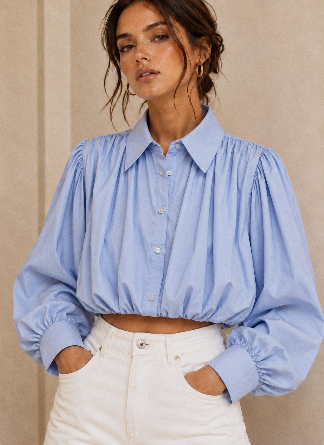 Bubble-Hem Puff-Sleeve Blouse in Blue, front