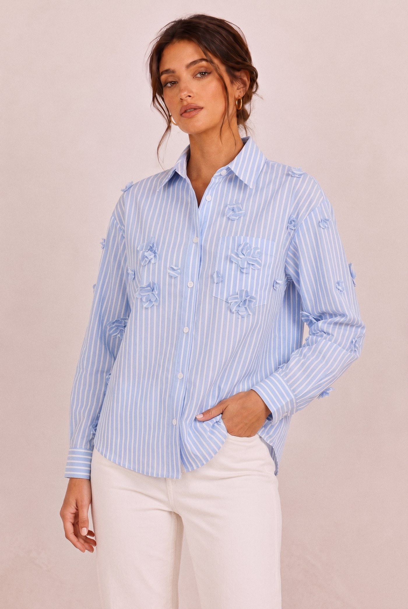 Flower Appliqué Stripe Shirt in Blue, front