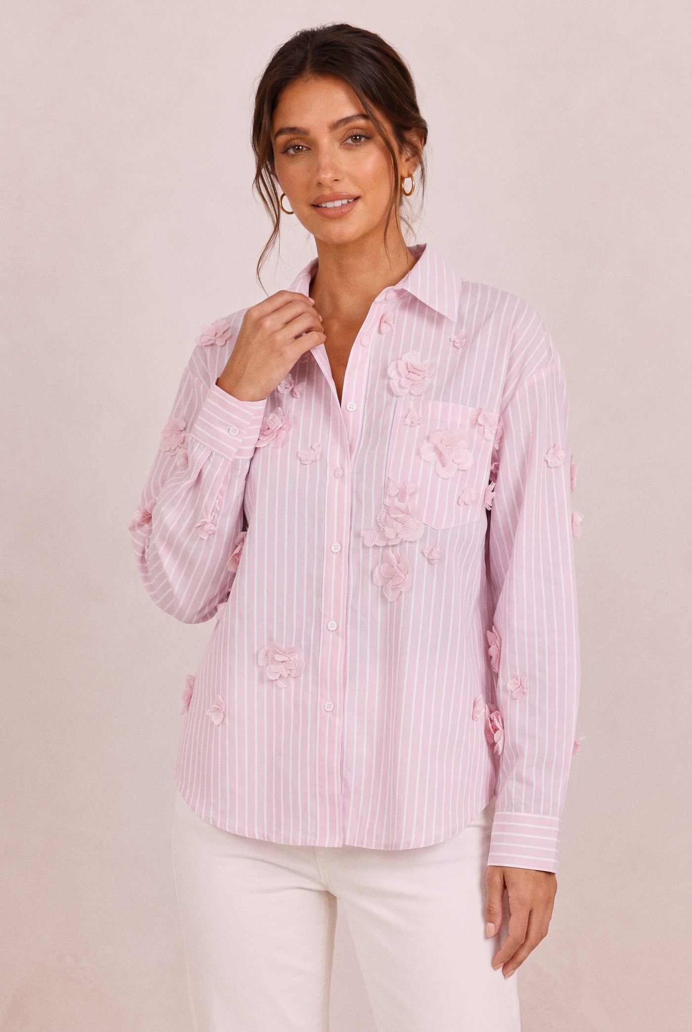 Flower Appliqué Stripe Shirt in Pink, front