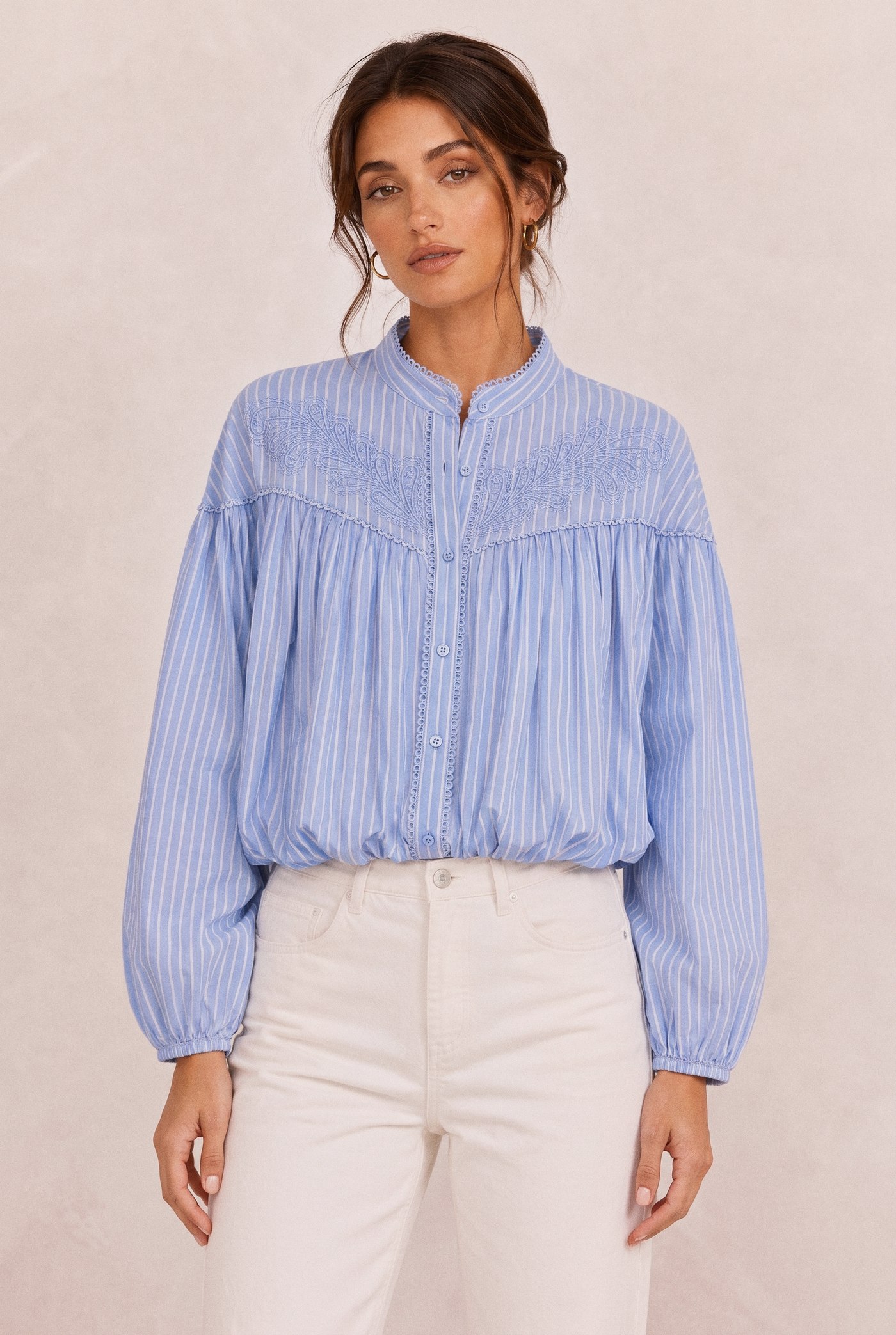Smocked Yoke Blouse in Blue, front