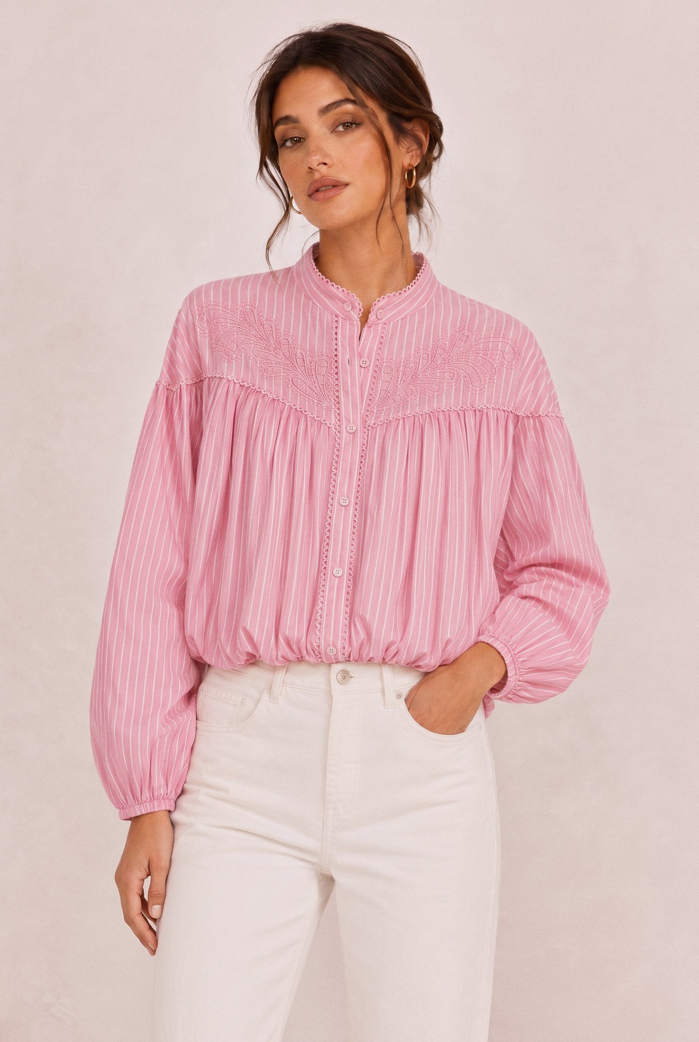 Smocked Yoke Blouse in Pink, front
