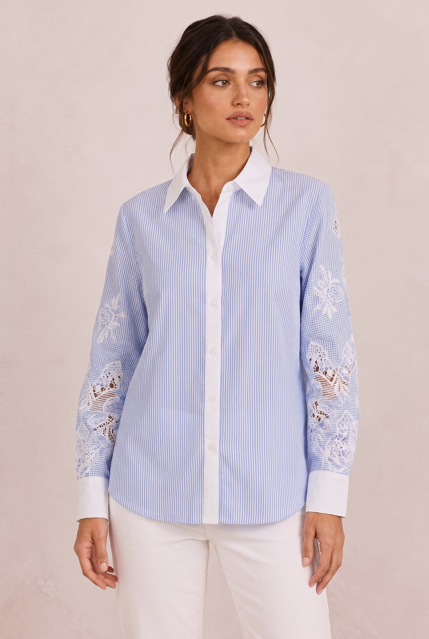 Lace-Panel Contrast Shirt in Blue, front