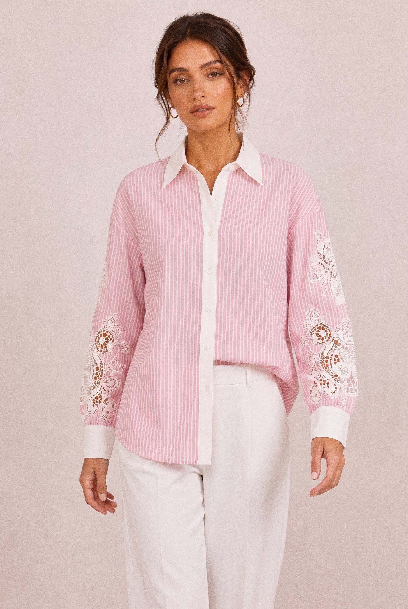 Lace-Panel Contrast Shirt in Pink, front